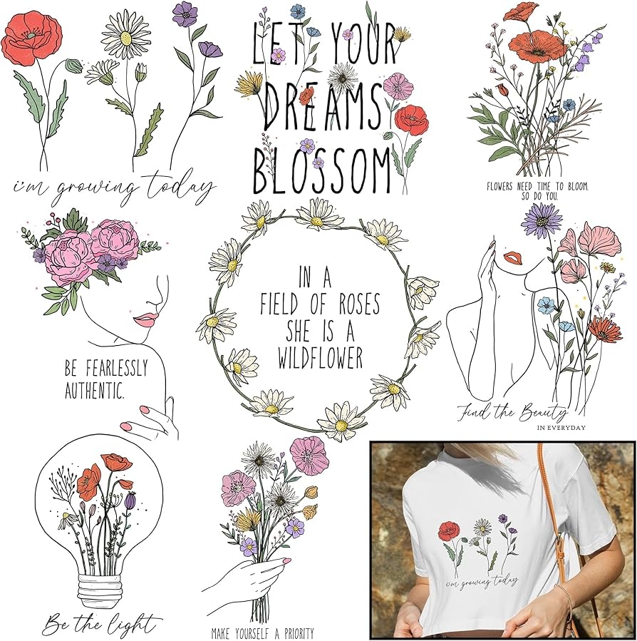 Amazon 8 Sheets Motivation Flowers Iron On Transfers For T 