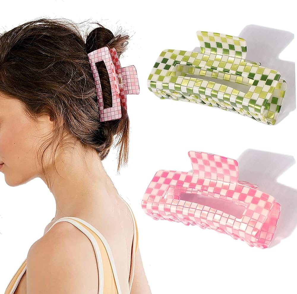 Amazon Large Checkered Claw Hair Clips For Thick Hair 2pcs 