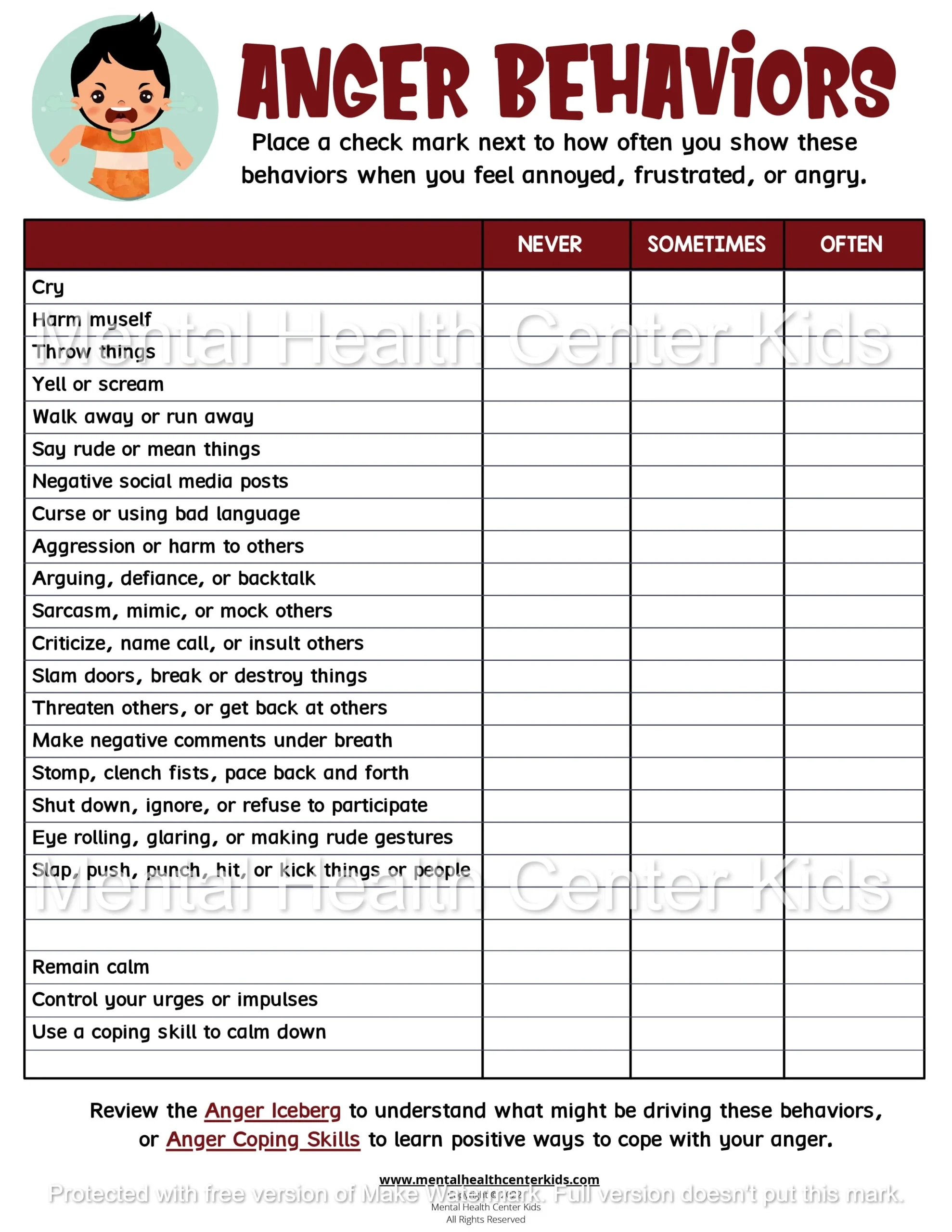 Anger Worksheets For Kids
