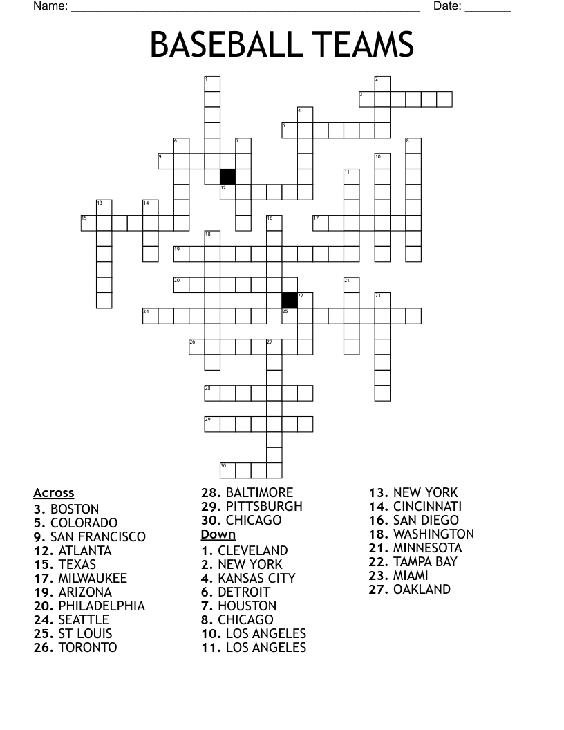 BASEBALL TEAMS Crossword WordMint