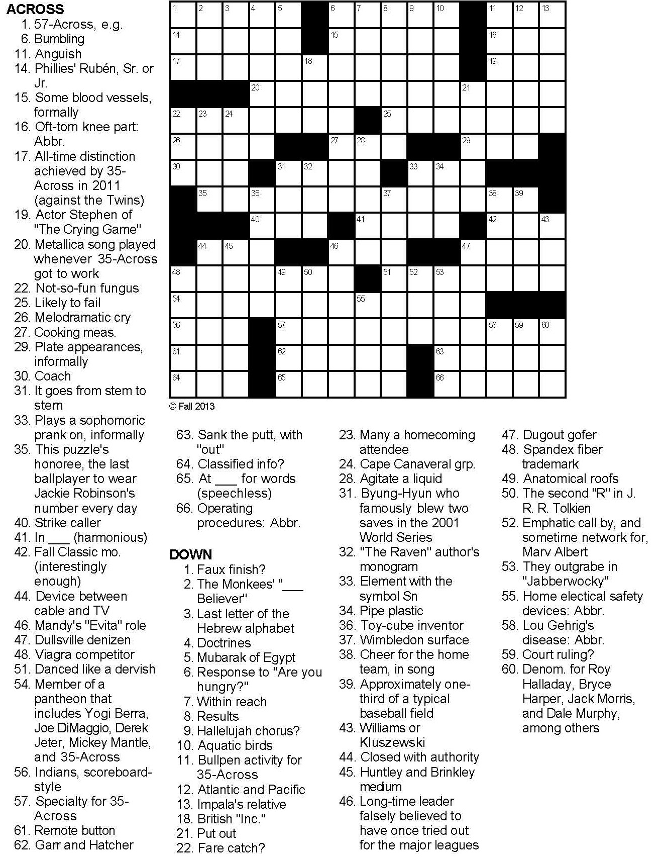 Printable Baseball Crossword Puzzles