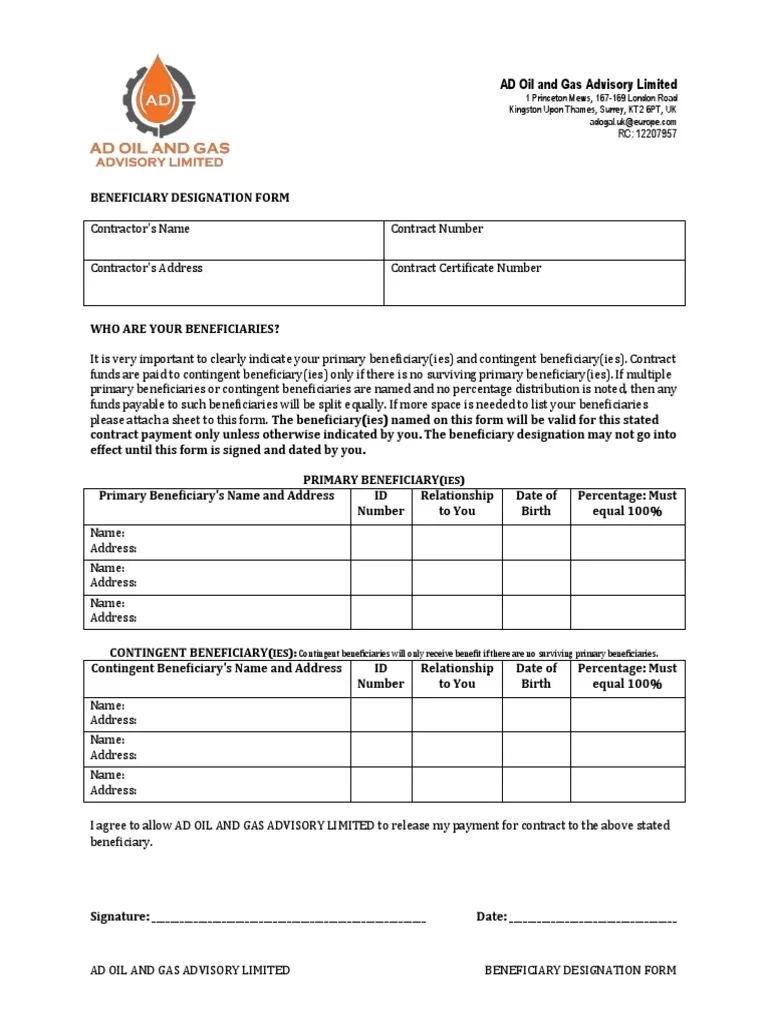 Beneficiary Designation Form PDF Business Law Private Law
