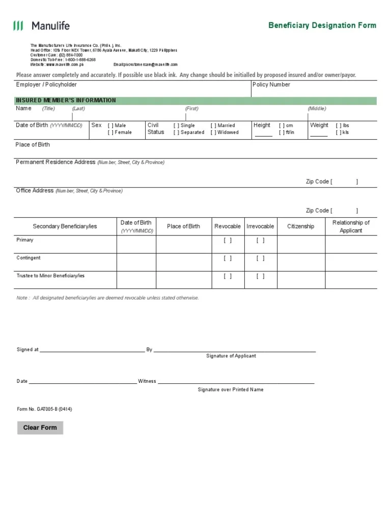 Beneficiary Designation Form PDF Insurance Business
