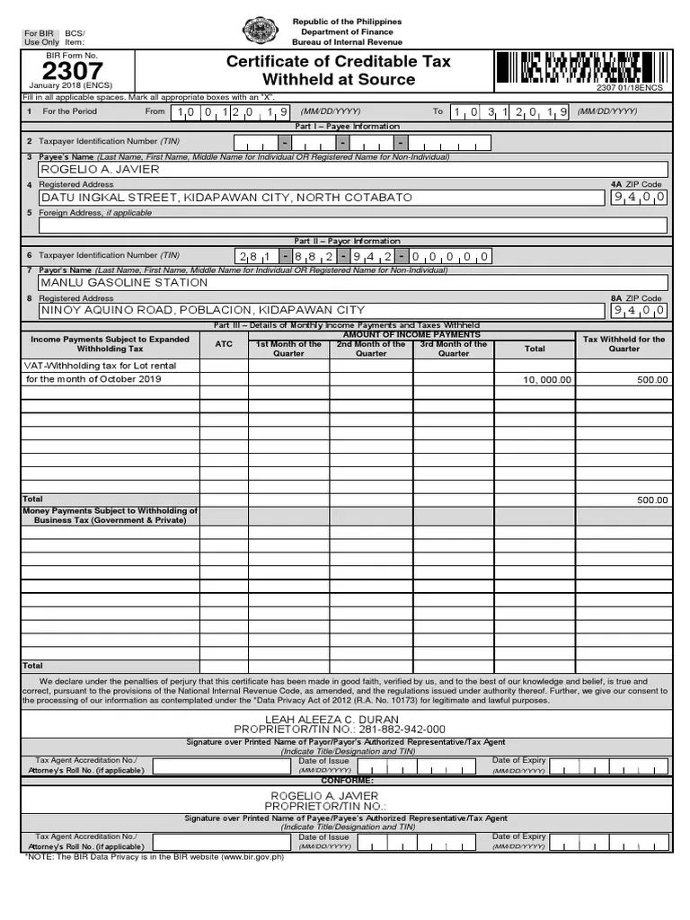 Bir Form 2307 PDF Withholding Tax Value Added Tax