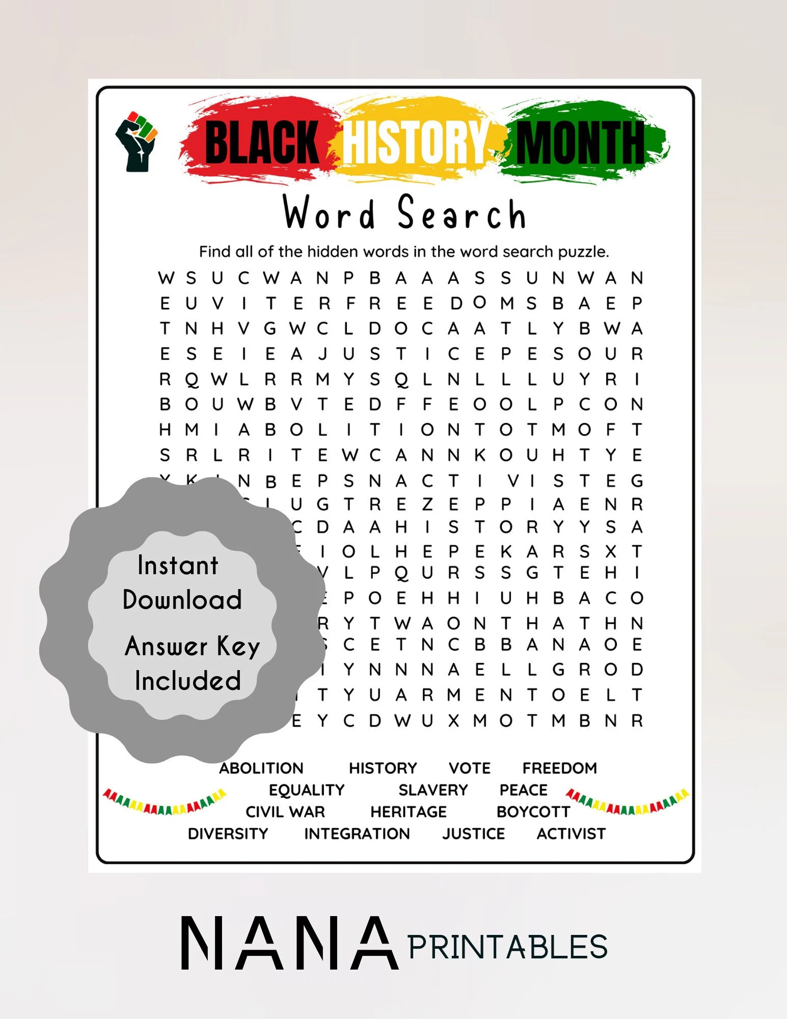 Black History Word Search Game Educational Kids Activity 