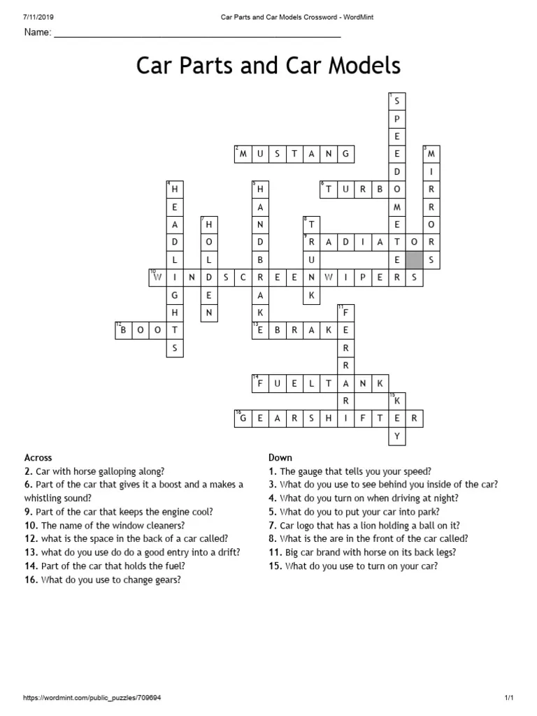 Car Parts And Car Models Crossword WordMint4 PDF Land 