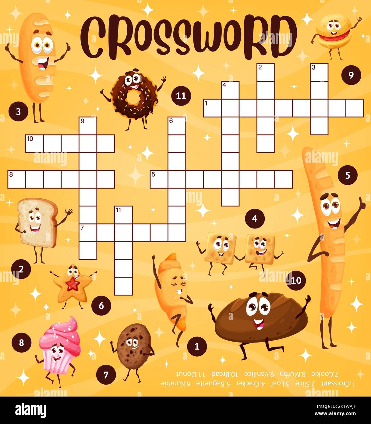 Cartoon Bakery And Dessert Characters Crossword Puzzle Game 