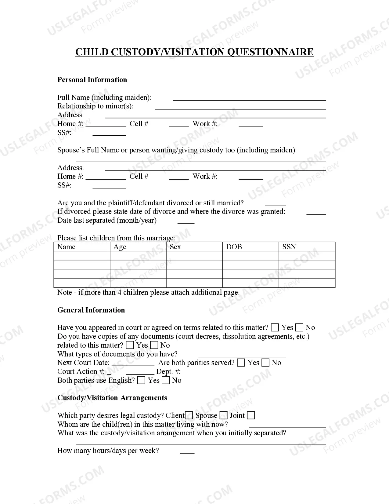 Child Custody And Visitation Questionnaire US Legal Forms