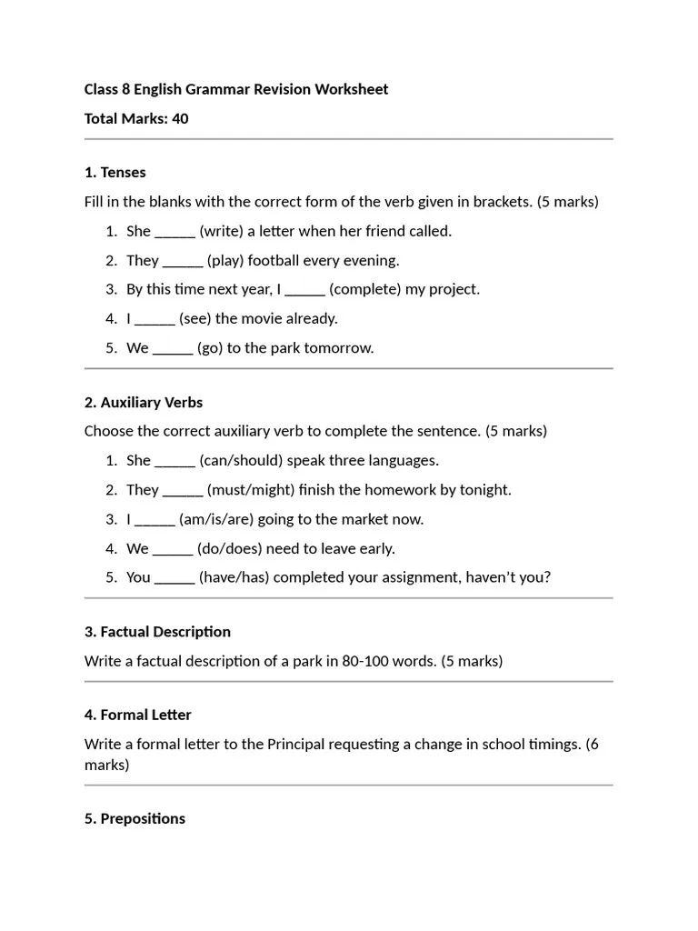 Class 8 English Grammar Revision Worksheet PDF English Grammar 
