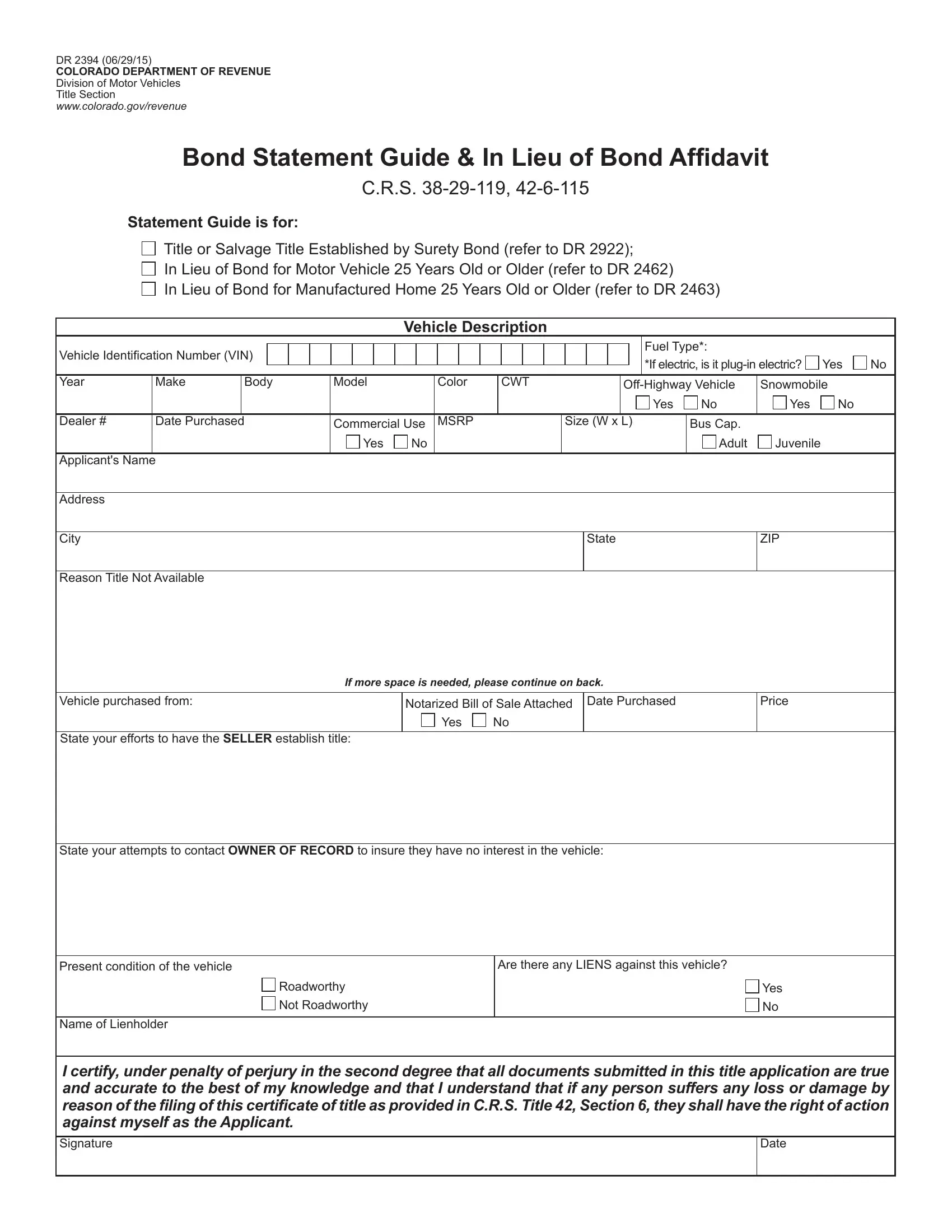 Colorado Form Dr 2394 Fill Out Printable PDF Forms