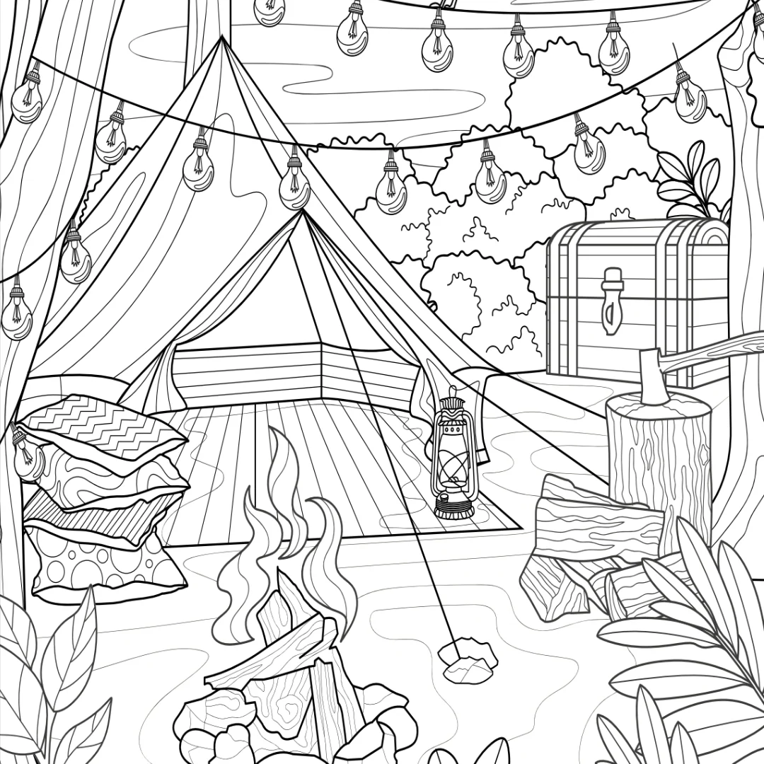 cosy camping colouring page castle arts