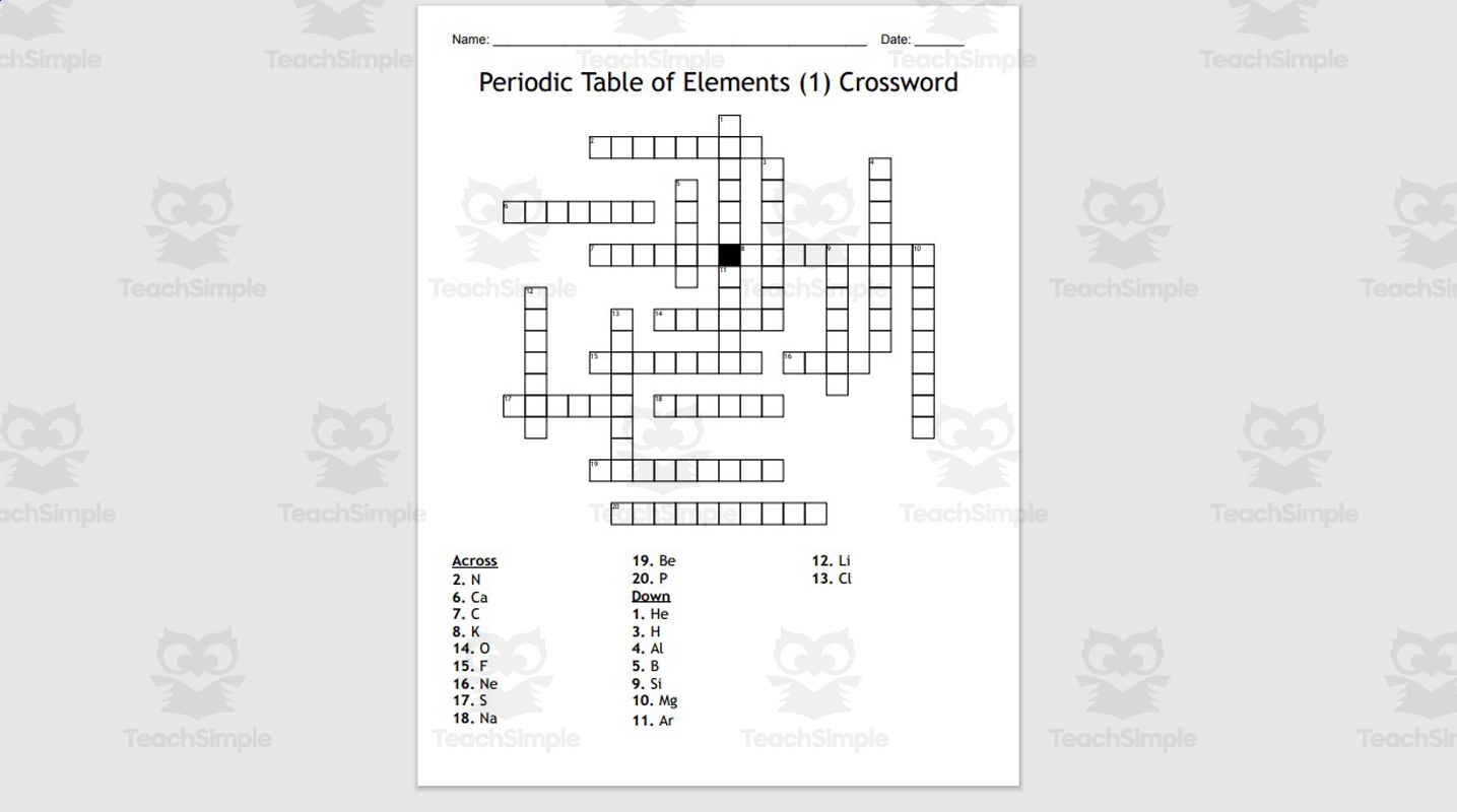 Crossword Puzzle Periodic Table Of Elements 1 