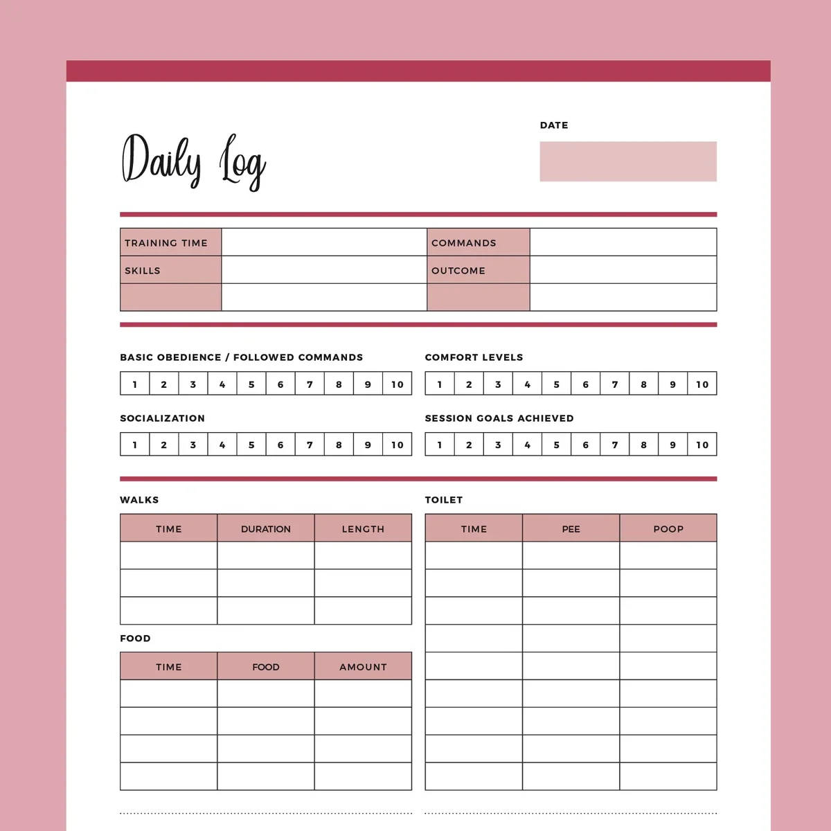 Daily Log For Dog Trainers Printable Instant Download PDF