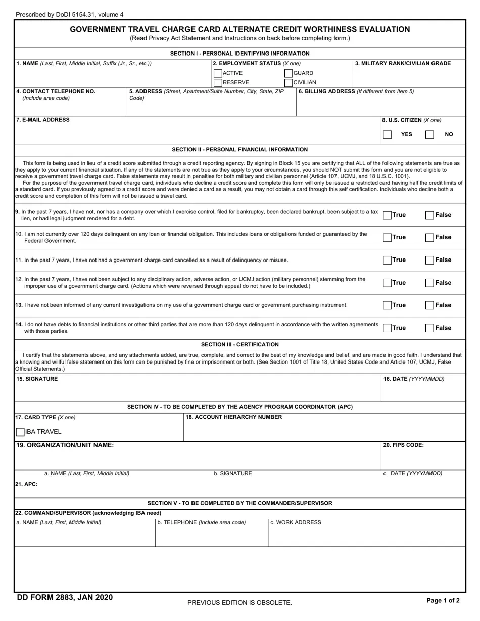 DD Form 2883 Download Fillable PDF Or Fill Online Government 