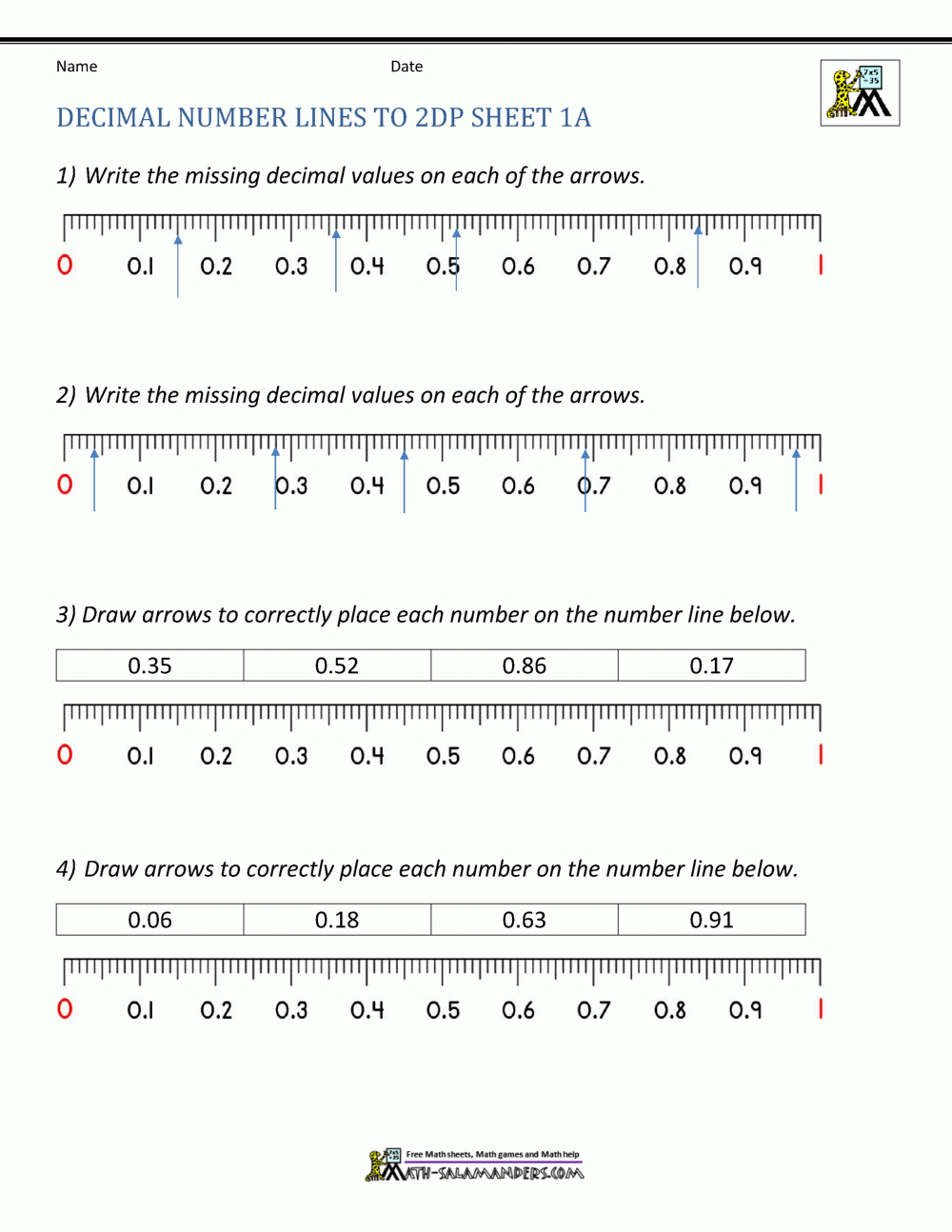 Decimal Number Line Worksheets