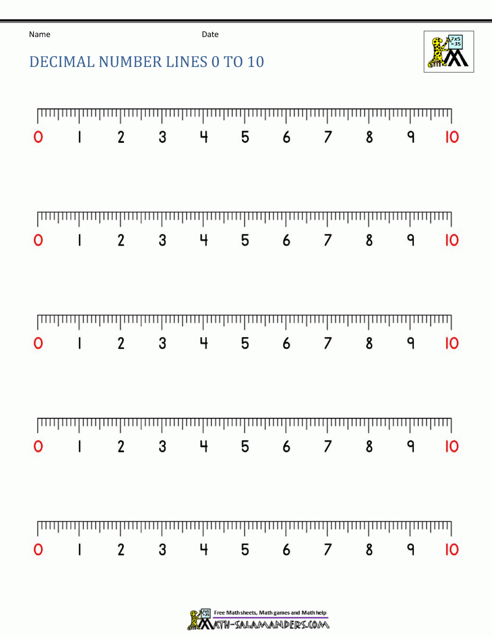 Decimal Number Lines 0 To 10
