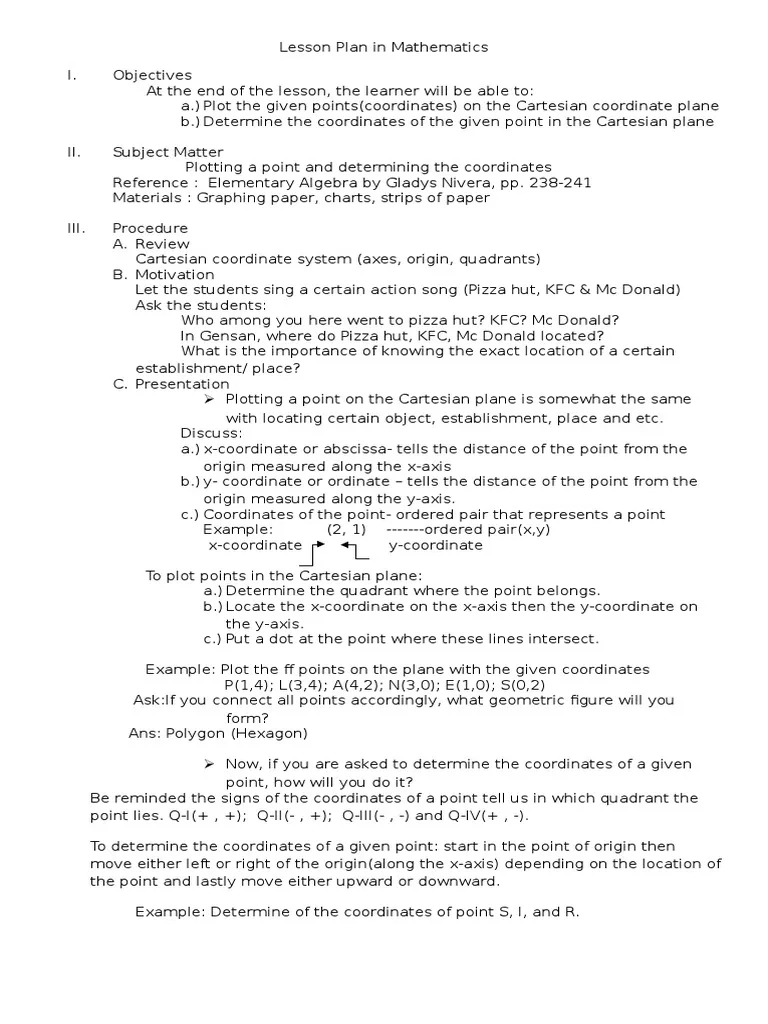 Demo Detailed Lesson Plan In Mathematics PDF Cartesian 