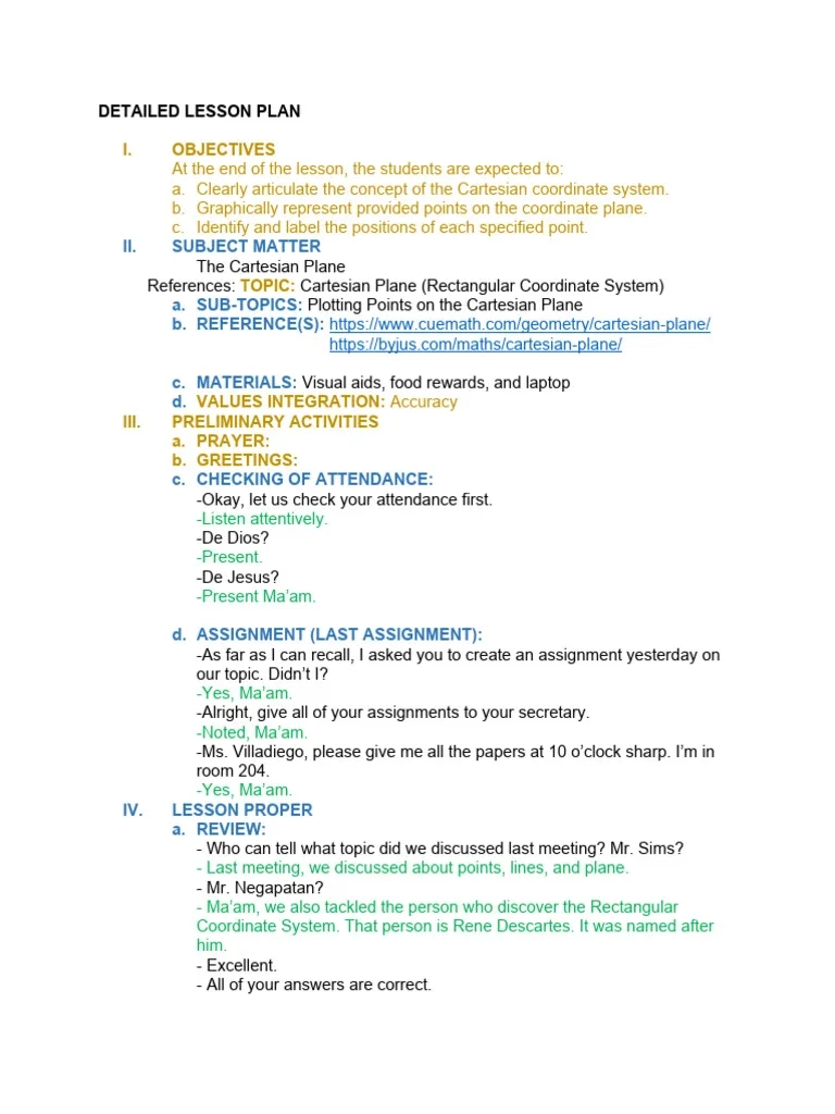 Detailed Lesson Plan PDF Cartesian Coordinate System 