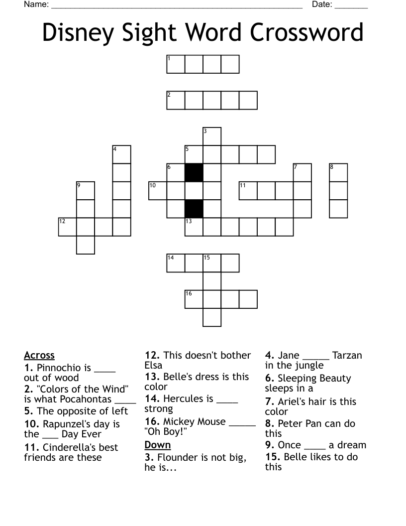 Disney Sight Word Crossword WordMint