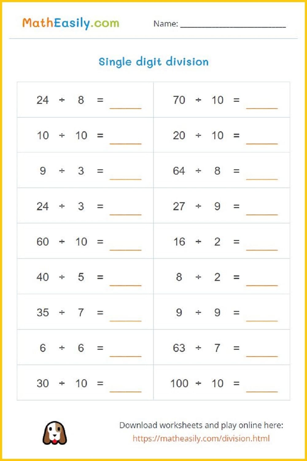 Free Division Printable Worksheets