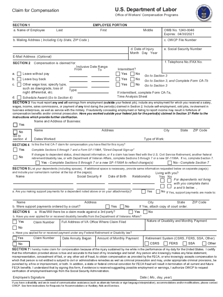 DOL CA 7 Form Fill Online Printable Fillable Blank PdfFiller