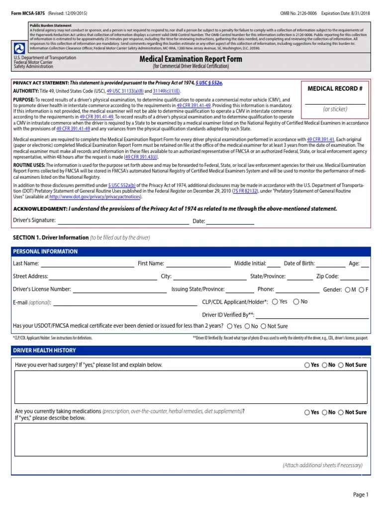 Driver Medical Examination Report Form Template PDF Test 