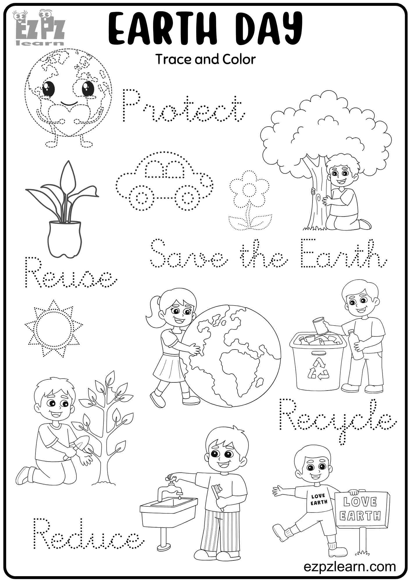 Earth Day Trace And Color Activity For Kids Free Printable PDF 