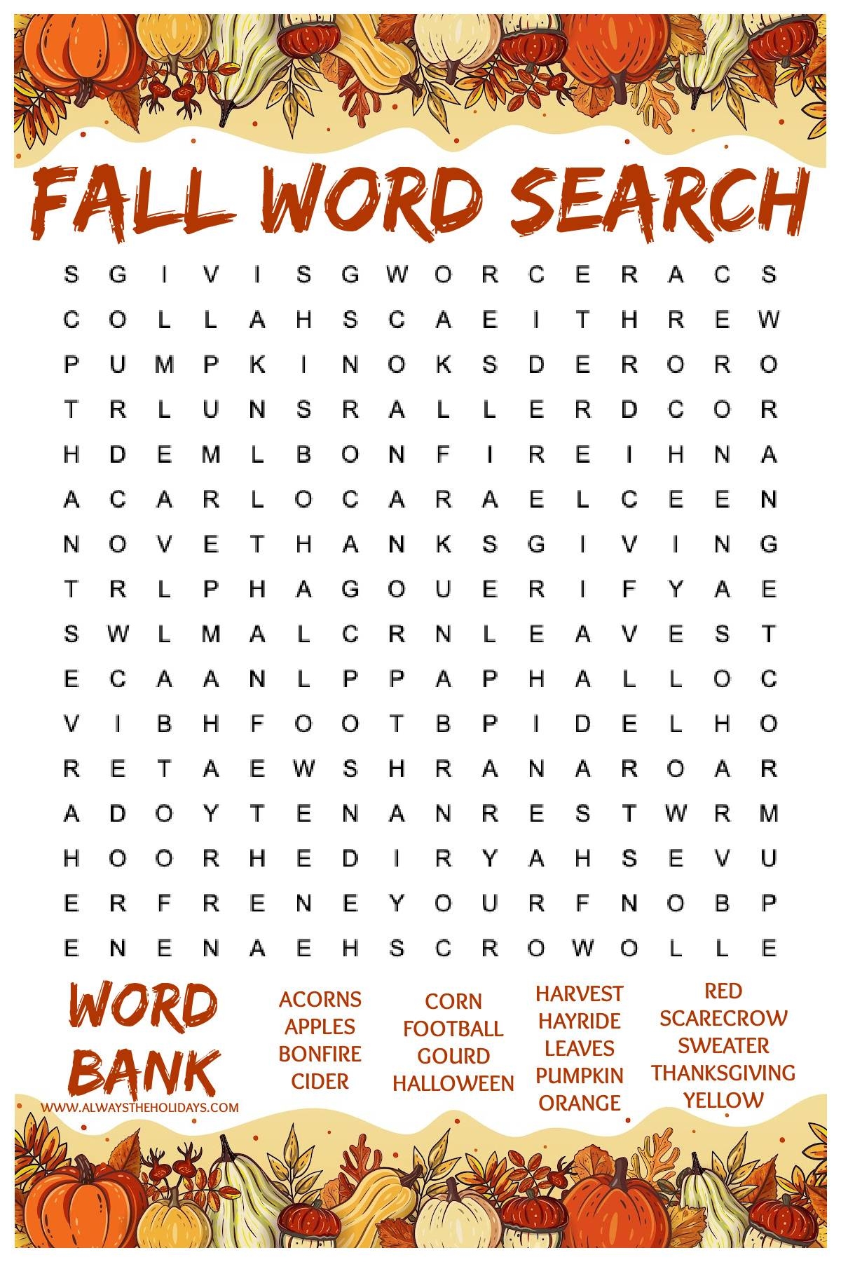 Free Printable Word Search Fall