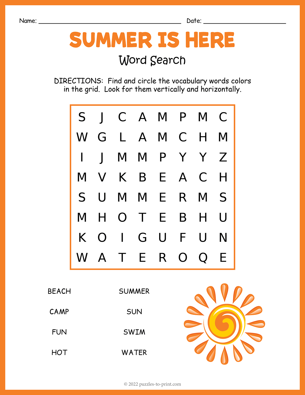 Easy Summer Word Search
