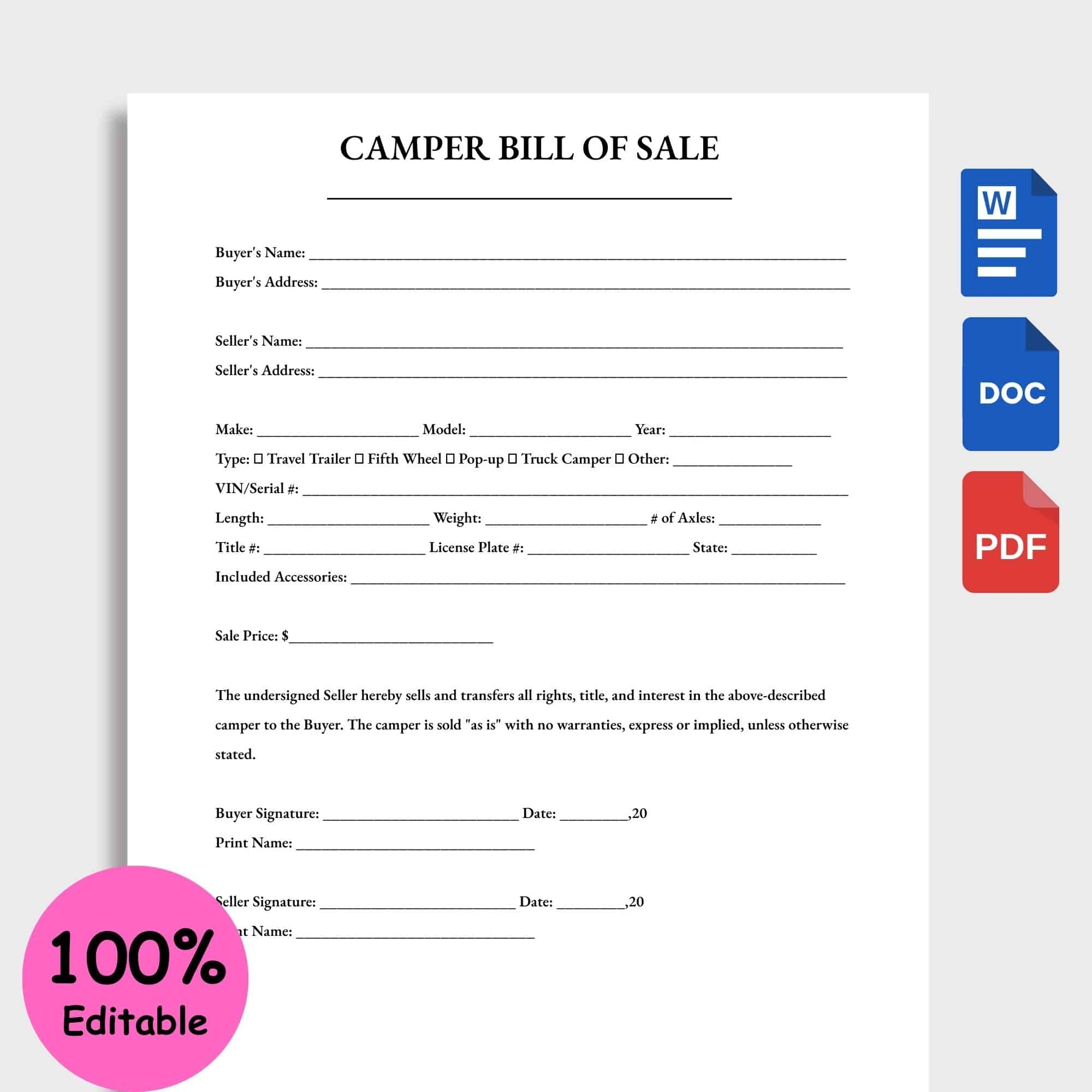 EDITABLE Simple Camper Bill Of Sale Template Google Docs Word Pdf