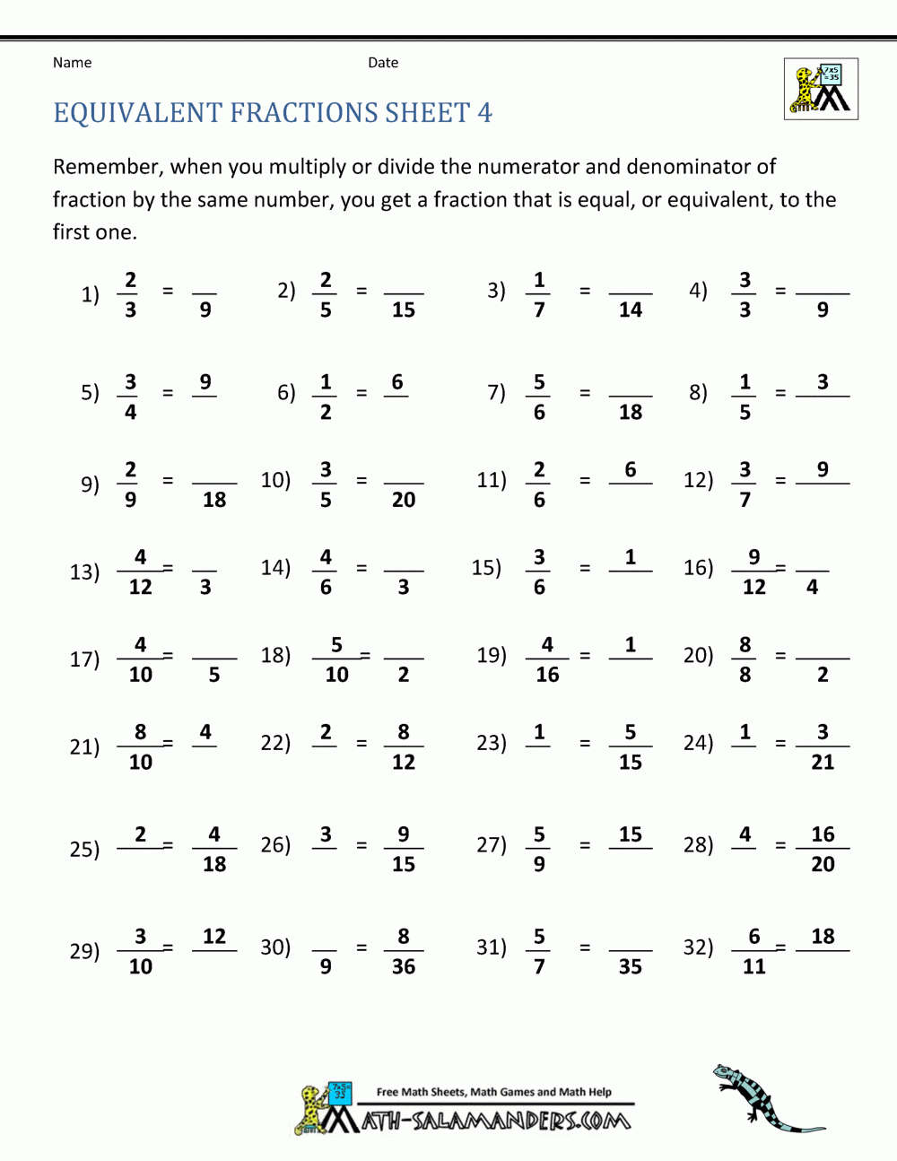Printable Fraction Worksheets For 4th Graders