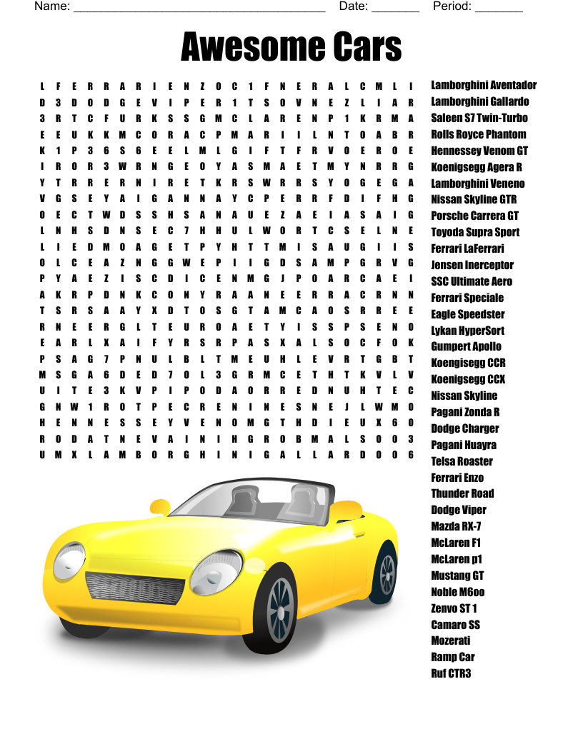 Exotic Car Word Search WordMint