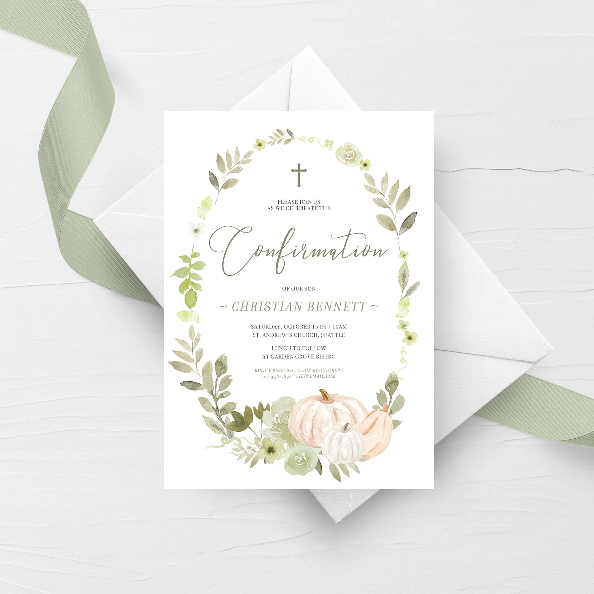 Fall Greenery Confirmation Invitation Template Printable Pumpkin Invite Editable INSTANT DOWNLOAD PG100