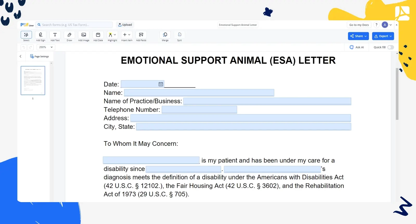 Fillable Emotional Support Animal Letter PDFliner Fillable Emotional Support Animal Letter PDFliner