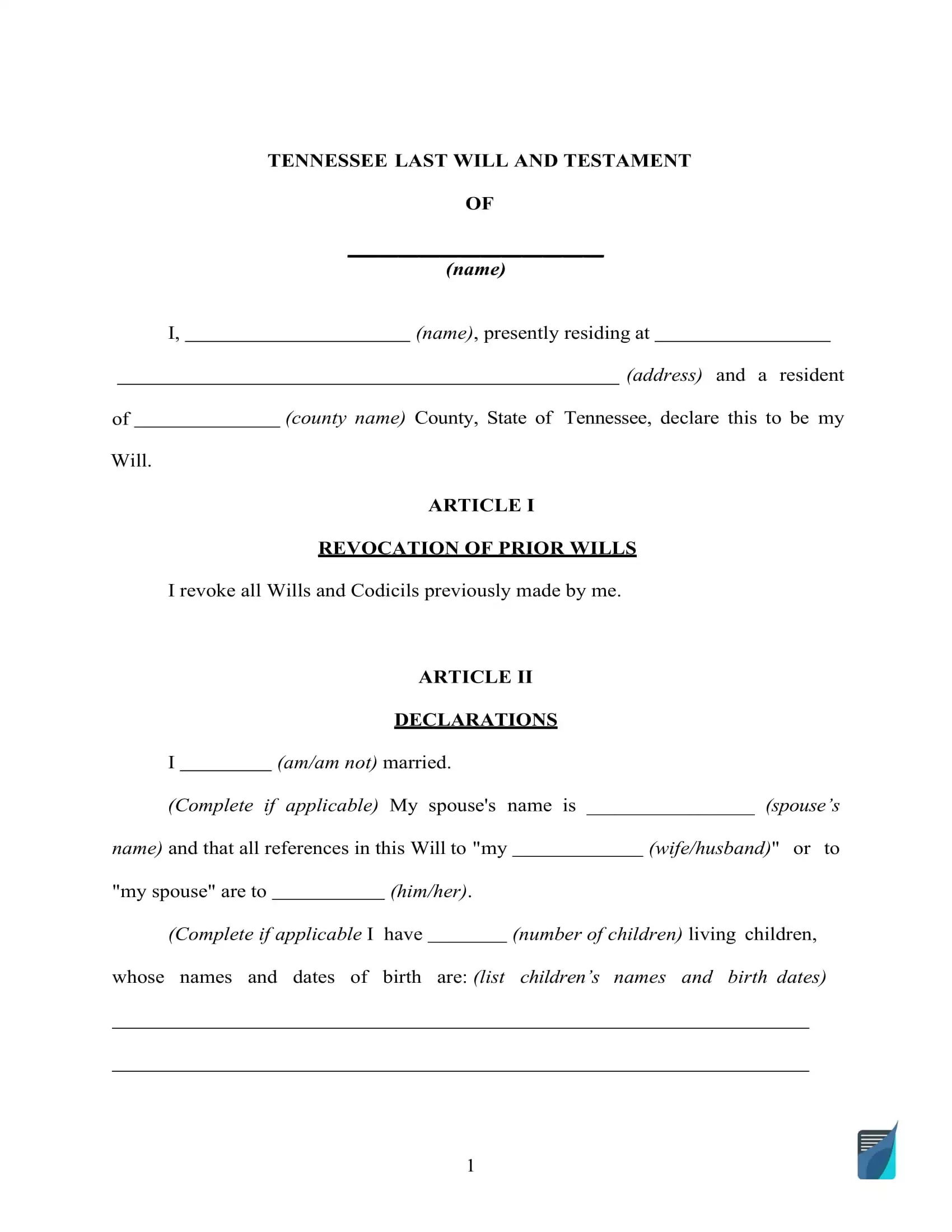 Fillable Tennessee Last Will And Testament Form FormsPal