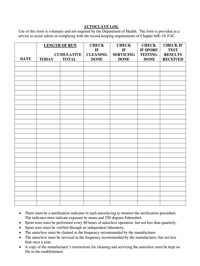 FL Autoclave Log Form Fill Online Printable Fillable Blank 