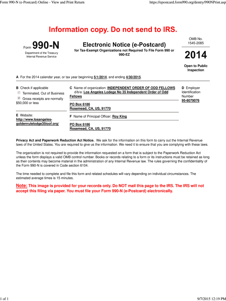 Form 990N ePostcard Online View And Print Return 1 Of 1 