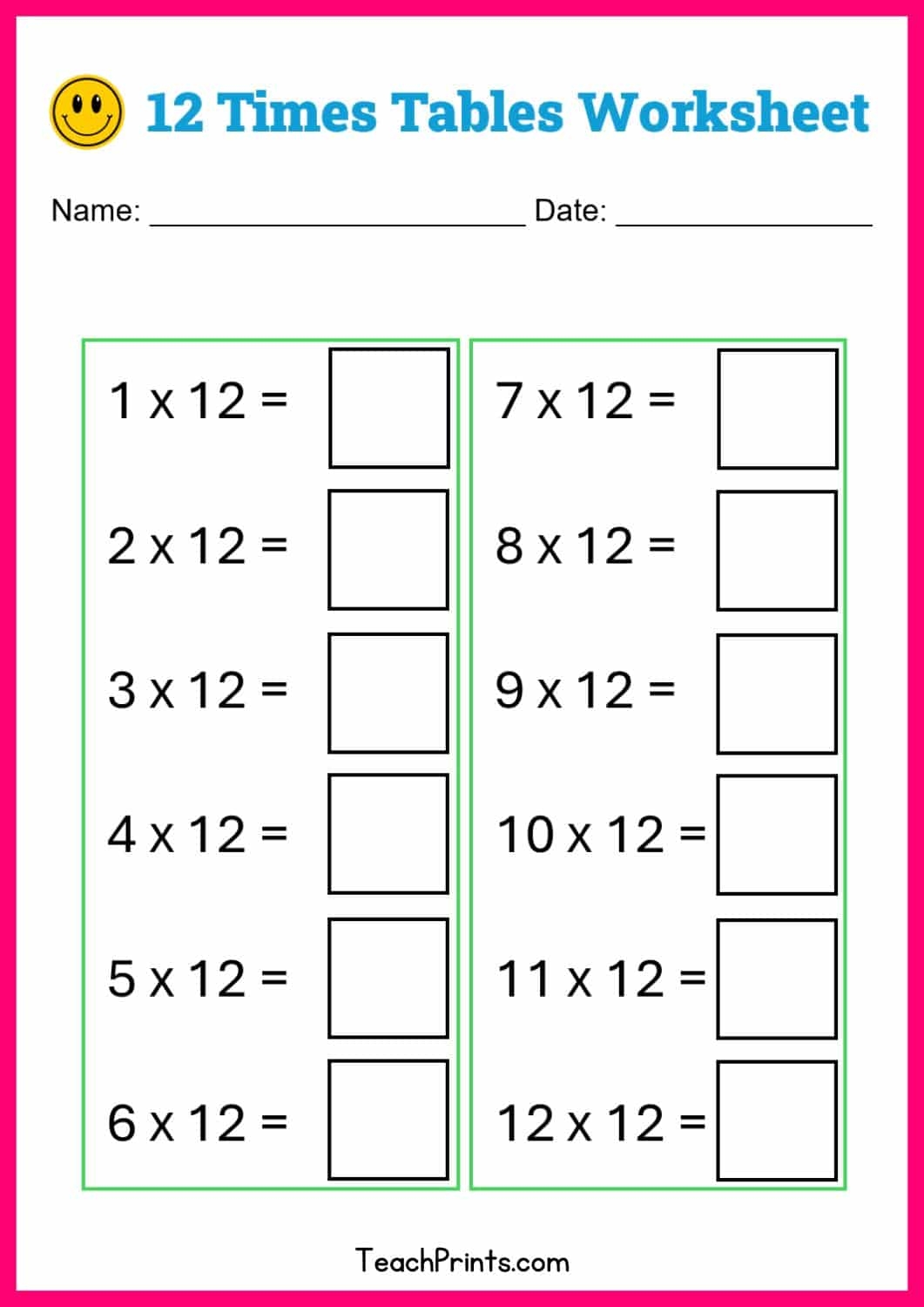 Printable 12 Times Tables Worksheet