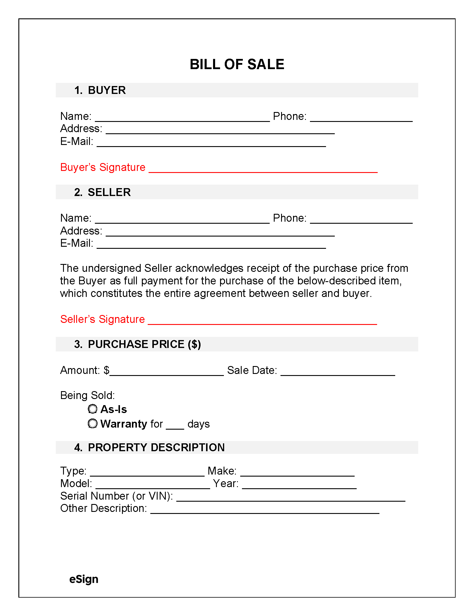 Bill Of Sale Form Printable Car