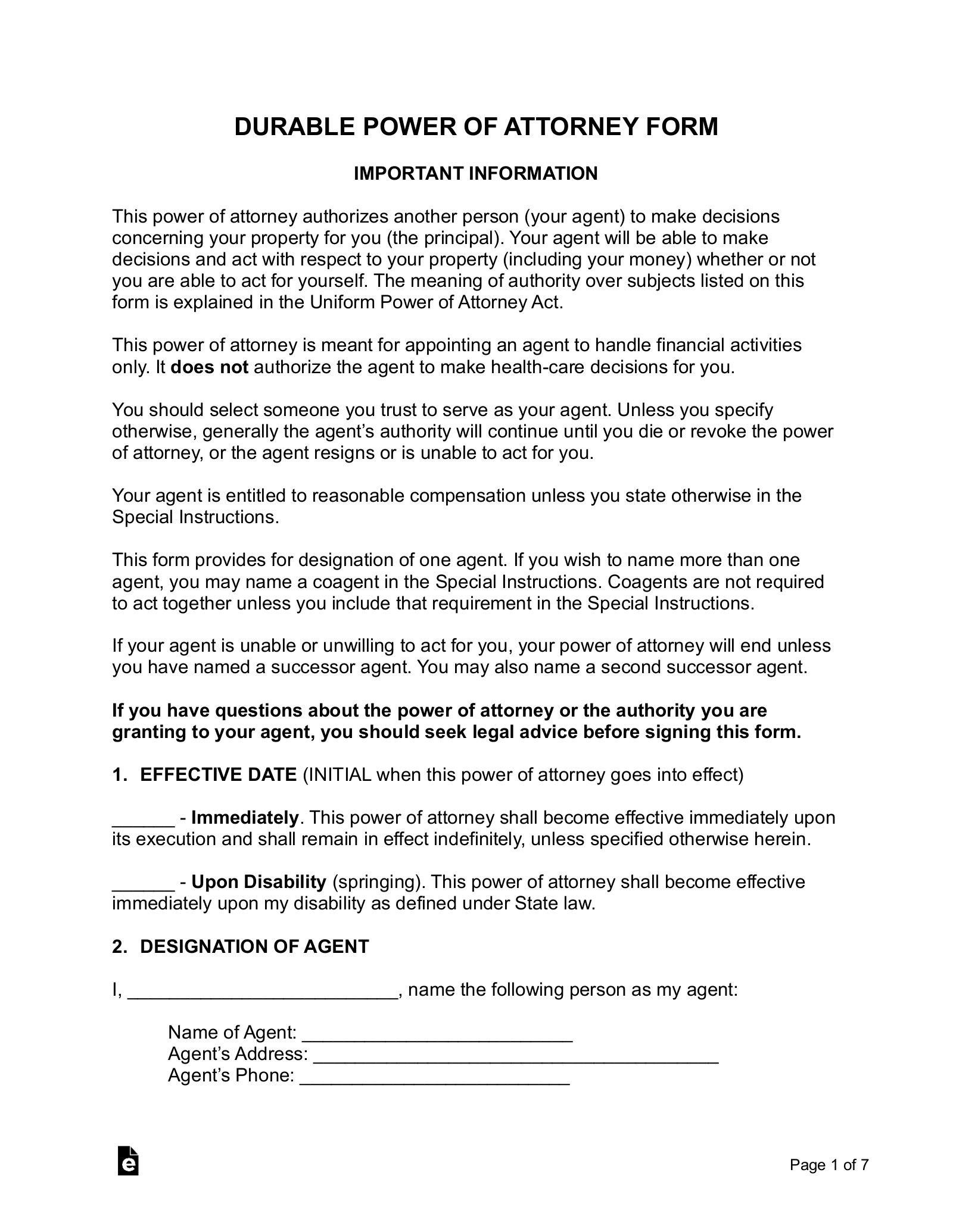 Durable Power Of Attorney Forms Printable Tx