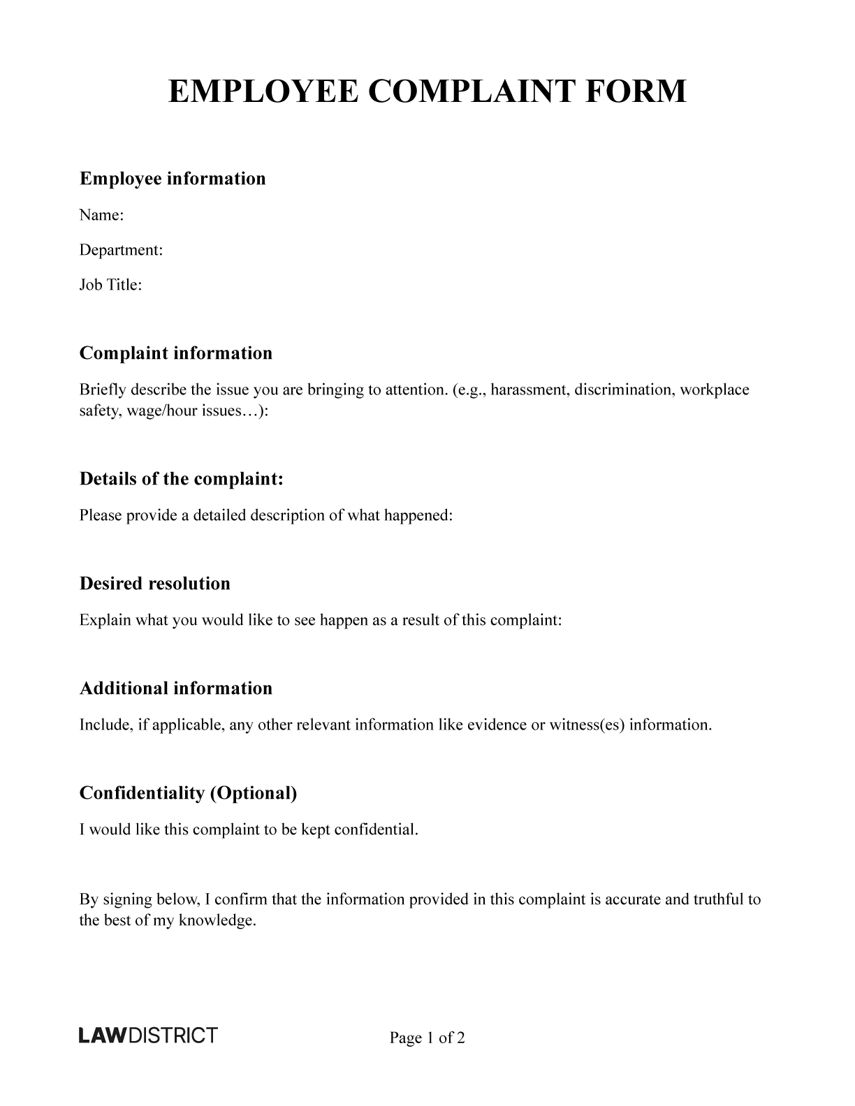 Free Employee Complaint Form PDF amp Sample Lawdistrict