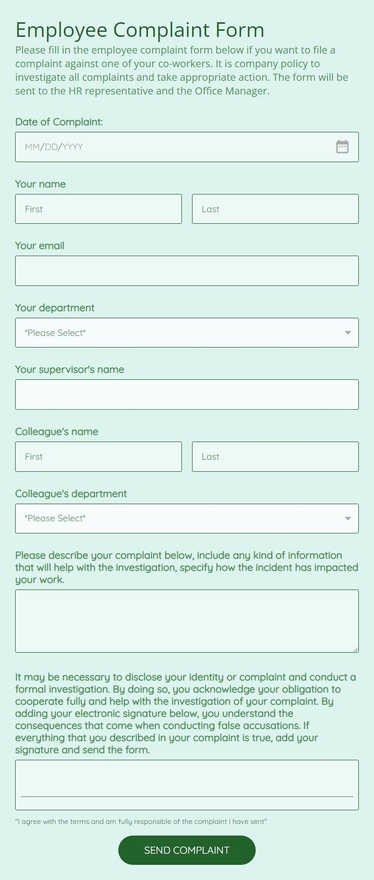 Free Employee Complaint Form Template 123FormBuilder