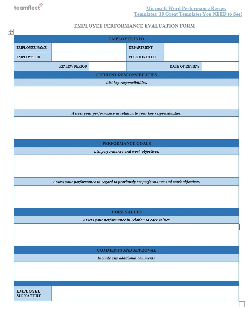 Free Employee Performance Review Template Excel amp Word 