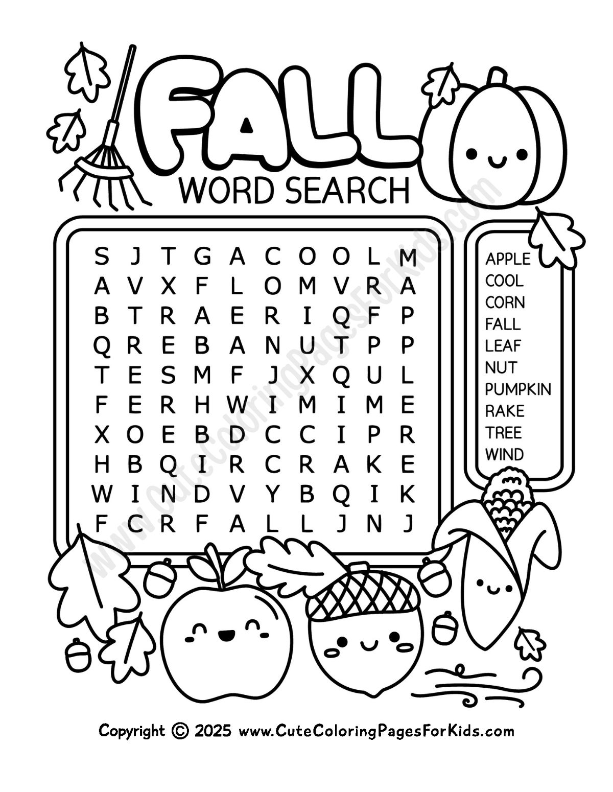 Free Fall Word Search Printables For Kids Cute Coloring Pages 