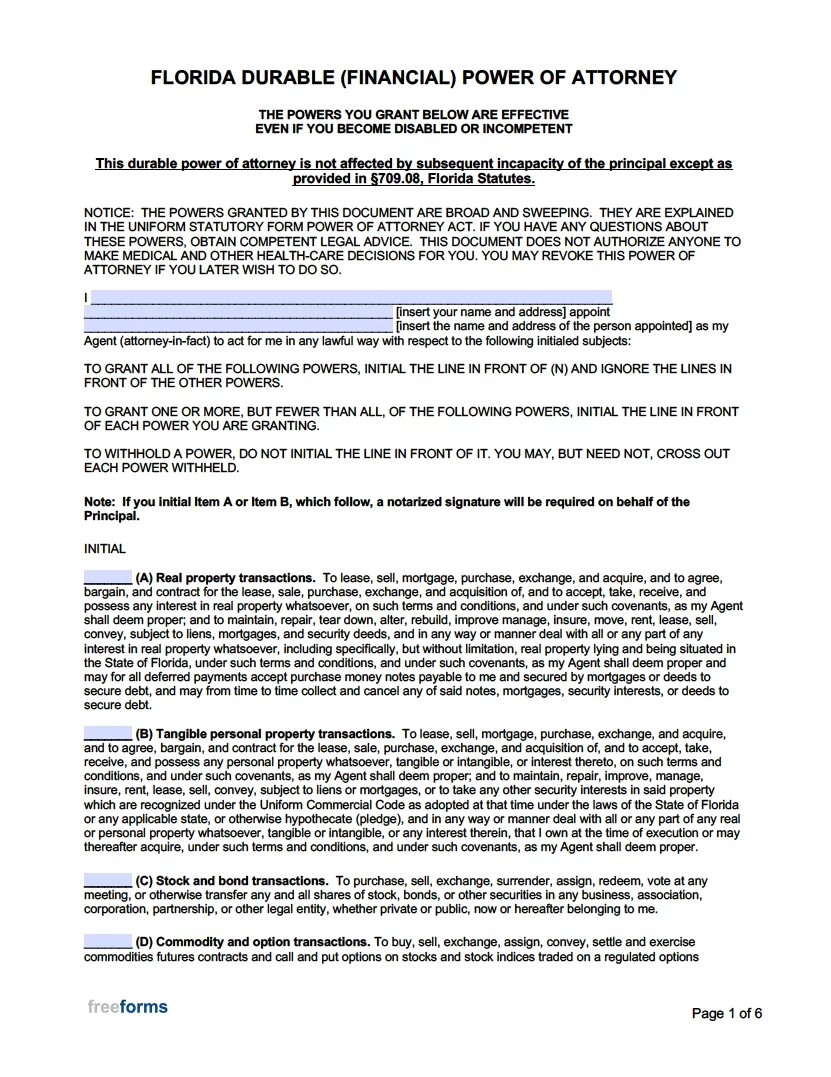 Free Florida Power Of Attorney Forms PDF Word