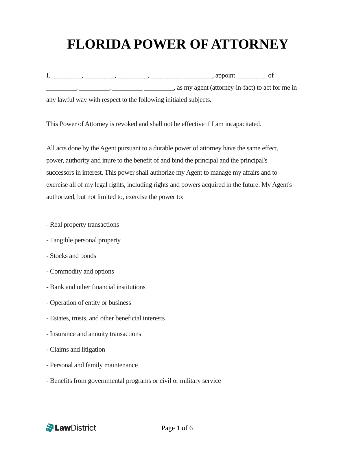 Florida Power Of Attorney Form Printable