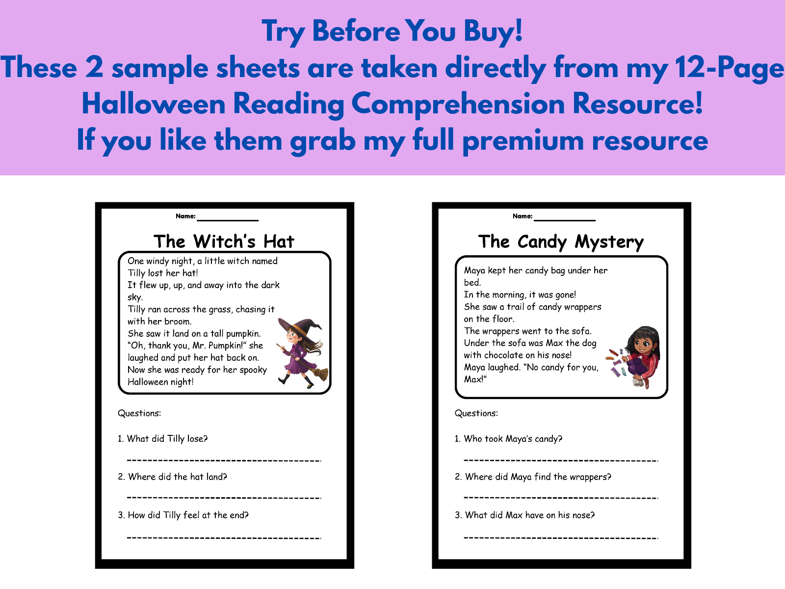 FREE Halloween Reading Comprehension Worksheets KS1 KS2 Literacy 
