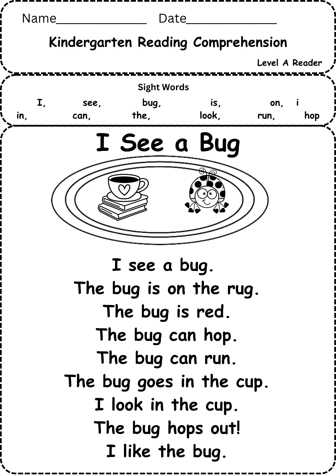 Reading Worksheet For Kindergarten Printable