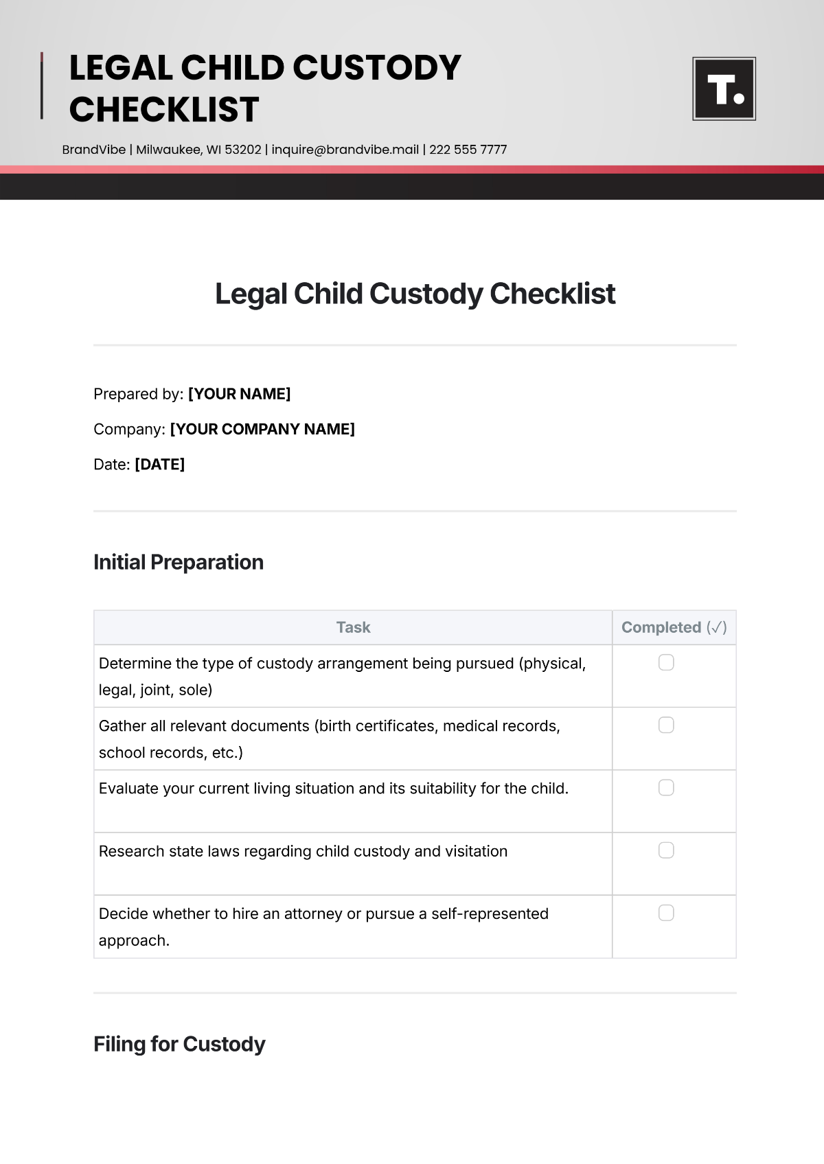 Child Custody Legal Form Template