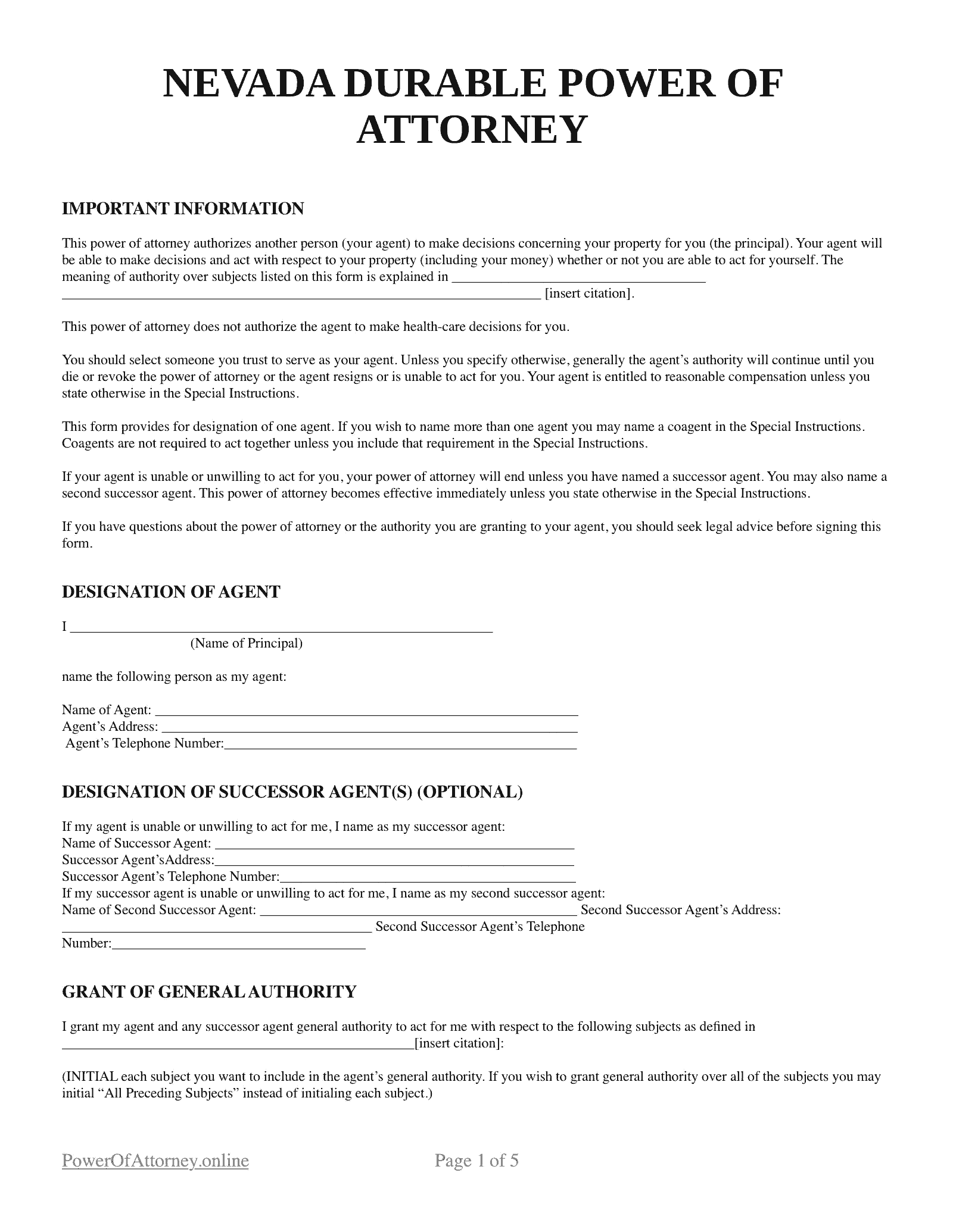 Free Nevada NV Durable Power Of Attorney Forms amp Templates PDF